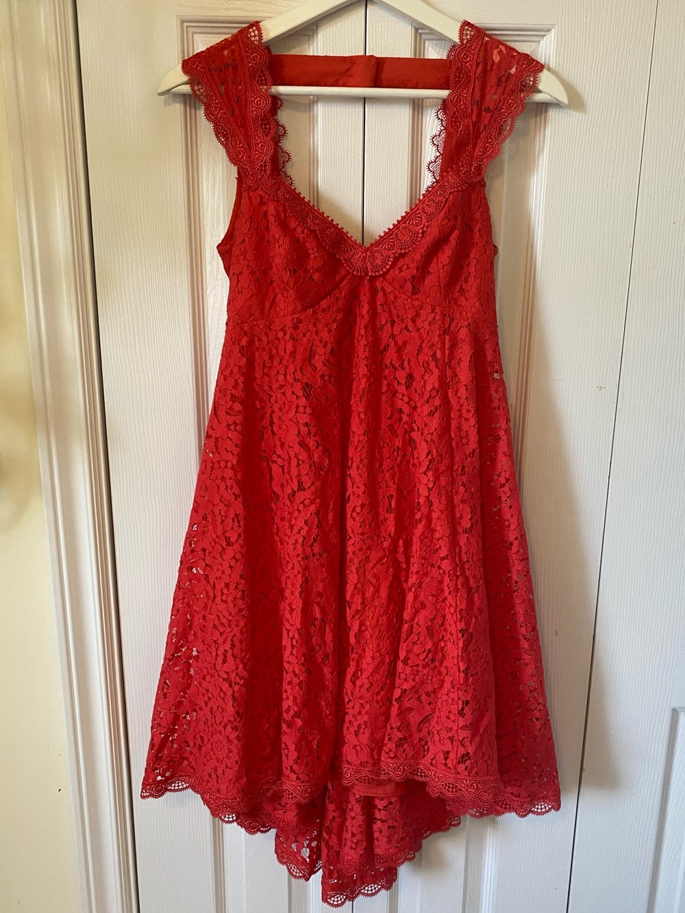 Free People Vintage Lace Dress Red Floral Lace Low Halter Back Lined Size 0